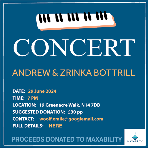 poster or flyer advertising event Concert in aid of Maxability: Andrew & Zrinka Bottrill