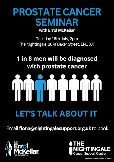 poster or flyer advertising event Prostate cancer seminar with Errol McKellar