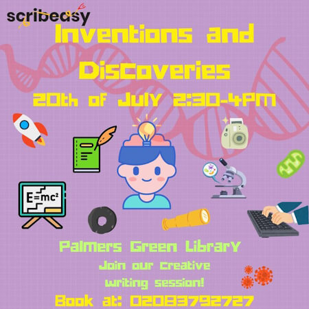 poster or flyer advertising event Free children\'s writing workshop: Inventions and Discoveries