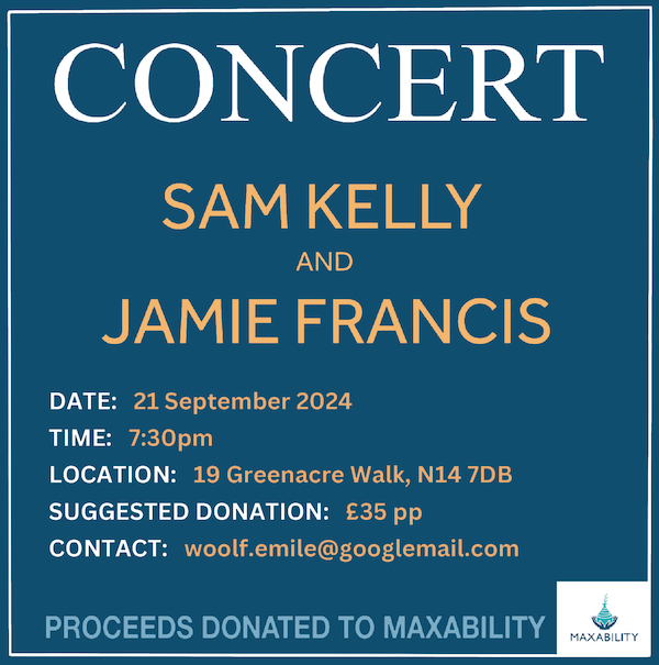 poster or flyer advertising event Concert in aid of Maxability: Sam Kelly and Jamie Francis