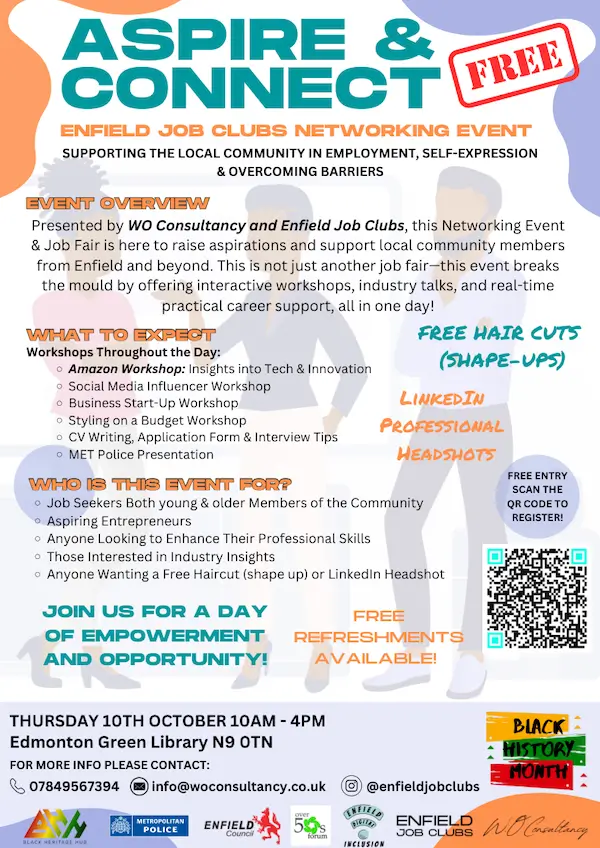 poster or flyer advertising event Enfield Job Clubs Networking Event: Aspire & Connect