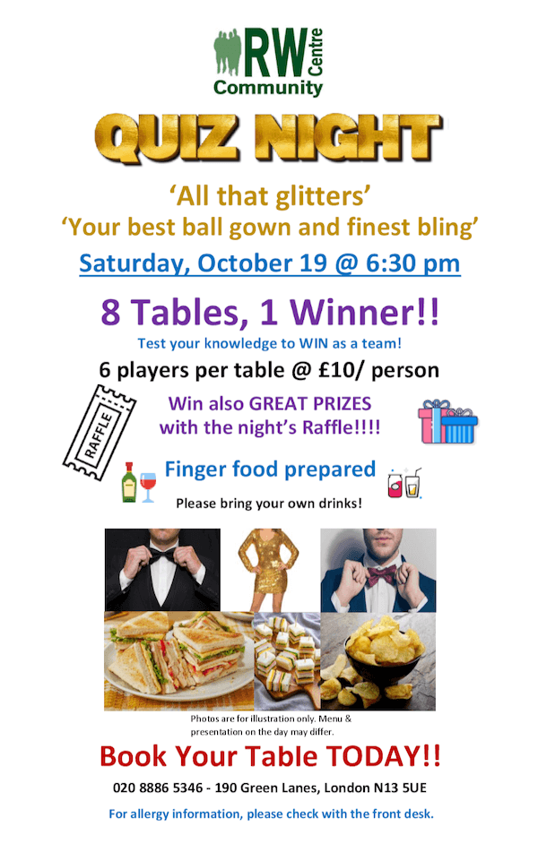 poster or flyer advertising event All that Glitters Quiz Night at the Ruth Winston Community Centre