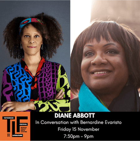 poster or flyer advertising event Diane Abbott in conversation with Bernadine Evaristo