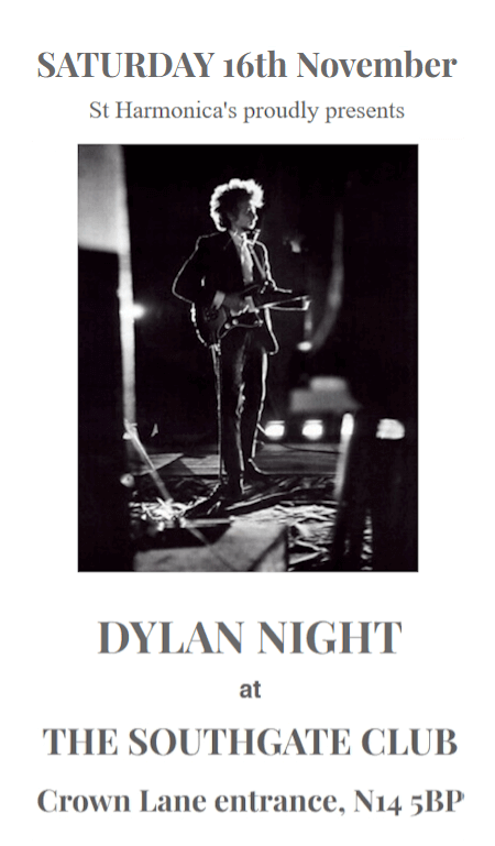 poster or flyer advertising event Dylan Night at St Harmonica\'s