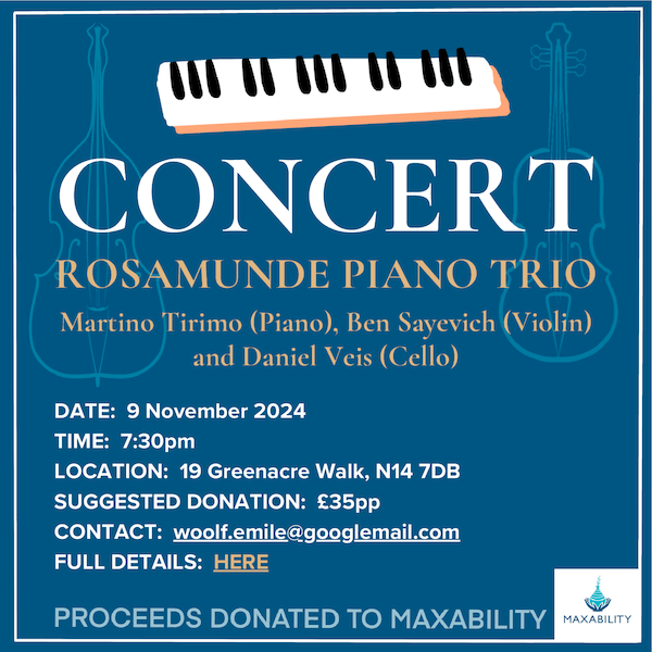 poster or flyer advertising event Concert in aid of Maxability: Rosamunde Piano Trio