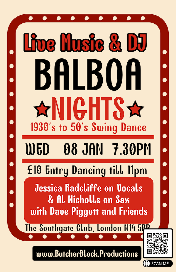 poster or flyer advertising event Balboa Nights - with live band and DJ!