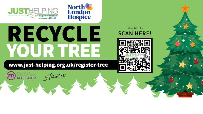 Image description Recycle Your Tree North London Hospice information with link and QR code.  Illustration of a Christmas tree 