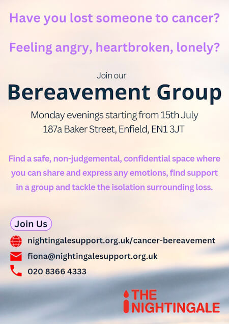 poster or flyer advertising event Nightingale Cancer Centre Bereavement Group meeting