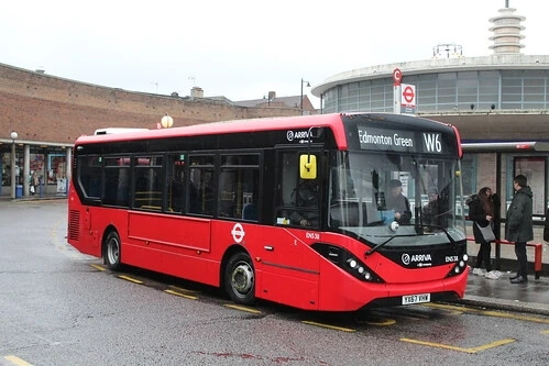 A bus on route W6 at Southgate Station with blinds set for a journey to Edmonton Green