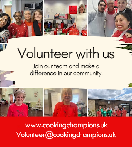 cooking champions volunteer with us - join our team and make a difference in our community. Email volunteer@cookingchampions.uk