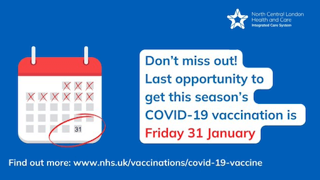 Last opportunity to get this season;s Covid vaccination is Friday 31st January!